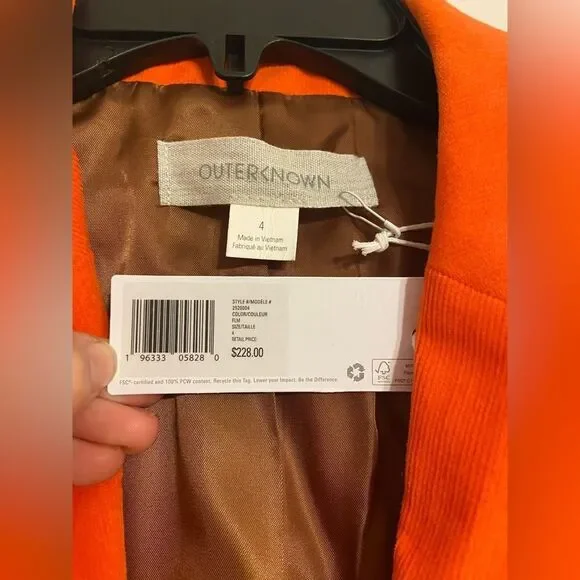 NWT Outerknown Henry Cord Boy Blazer Flame Orange Sz 4 organic cotton corduroy - Picture 9 of 13